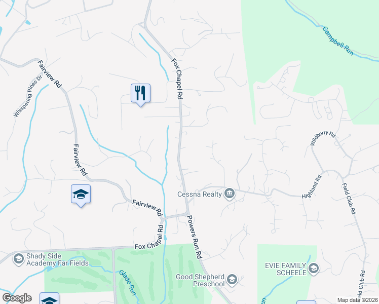 map of restaurants, bars, coffee shops, grocery stores, and more near 1060 Fox Chapel Rd in Pittsburgh