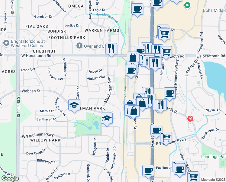 map of restaurants, bars, coffee shops, grocery stores, and more near 3830 Manhattan Avenue in Fort Collins