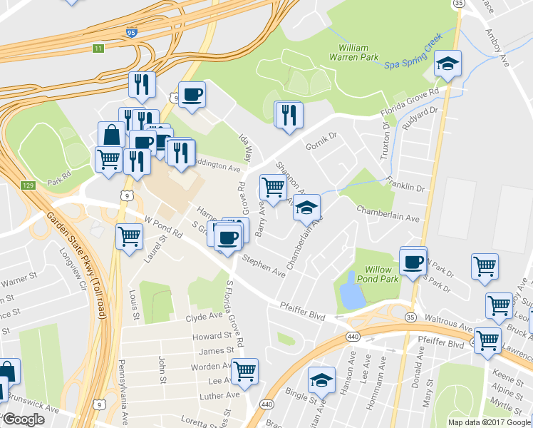 map of restaurants, bars, coffee shops, grocery stores, and more near 822 Barry Avenue in Perth Amboy