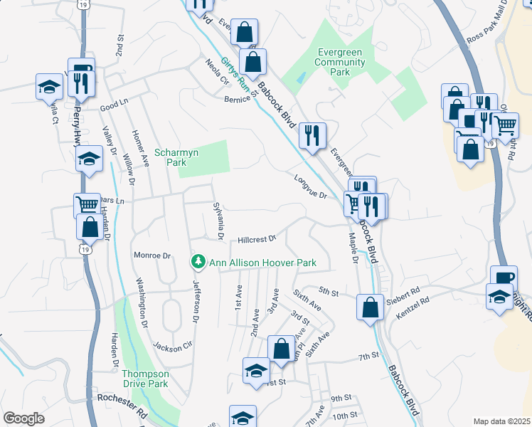 map of restaurants, bars, coffee shops, grocery stores, and more near 118 Wood Drive in Pittsburgh