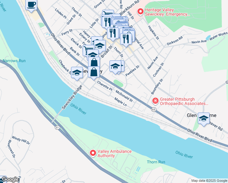 map of restaurants, bars, coffee shops, grocery stores, and more near 10 Pine Street in Sewickley