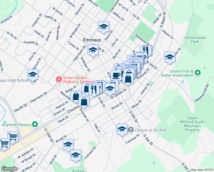 map of restaurants, bars, coffee shops, grocery stores, and more near 525 Chestnut Street in Emmaus