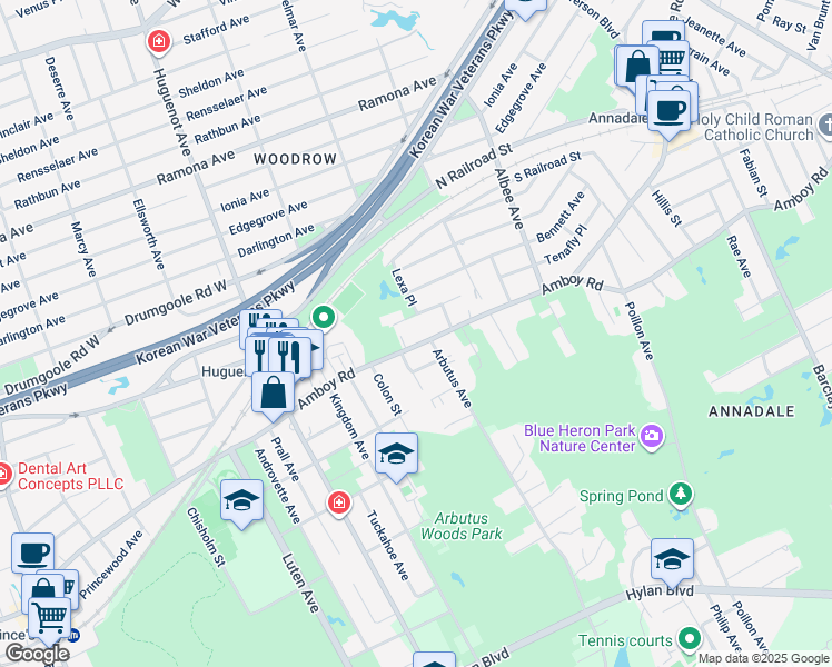 map of restaurants, bars, coffee shops, grocery stores, and more near 5295 Amboy Road in Staten Island