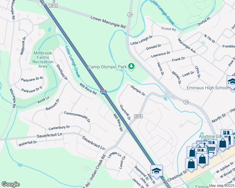 map of restaurants, bars, coffee shops, grocery stores, and more near 3218 Overlook Drive in Emmaus