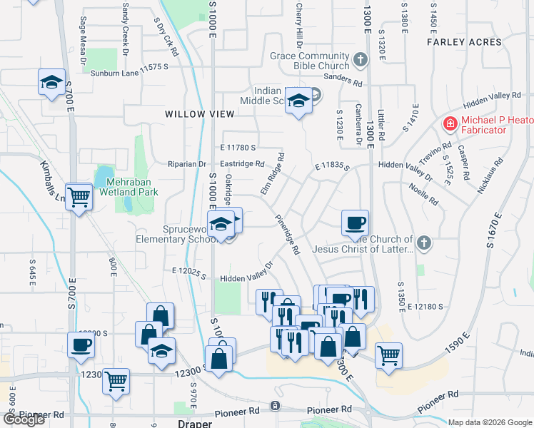 map of restaurants, bars, coffee shops, grocery stores, and more near 11930 Pineridge Road in Sandy