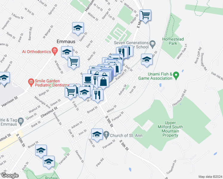 map of restaurants, bars, coffee shops, grocery stores, and more near 346 Golden Street in Emmaus