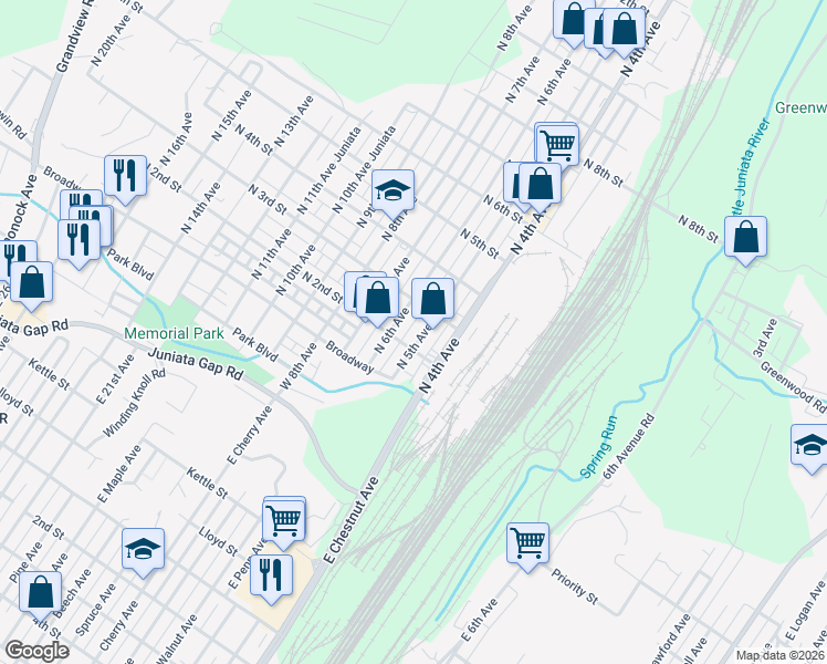 map of restaurants, bars, coffee shops, grocery stores, and more near 210 North 6th Avenue in Altoona