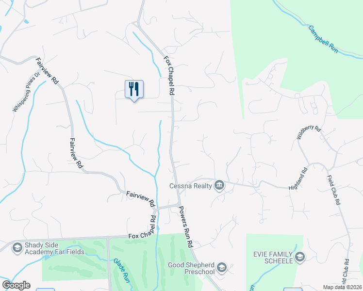 map of restaurants, bars, coffee shops, grocery stores, and more near 1060 Fox Chapel Road in Pittsburgh