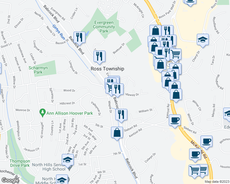 map of restaurants, bars, coffee shops, grocery stores, and more near 3336 Babcock Boulevard in Ross Township