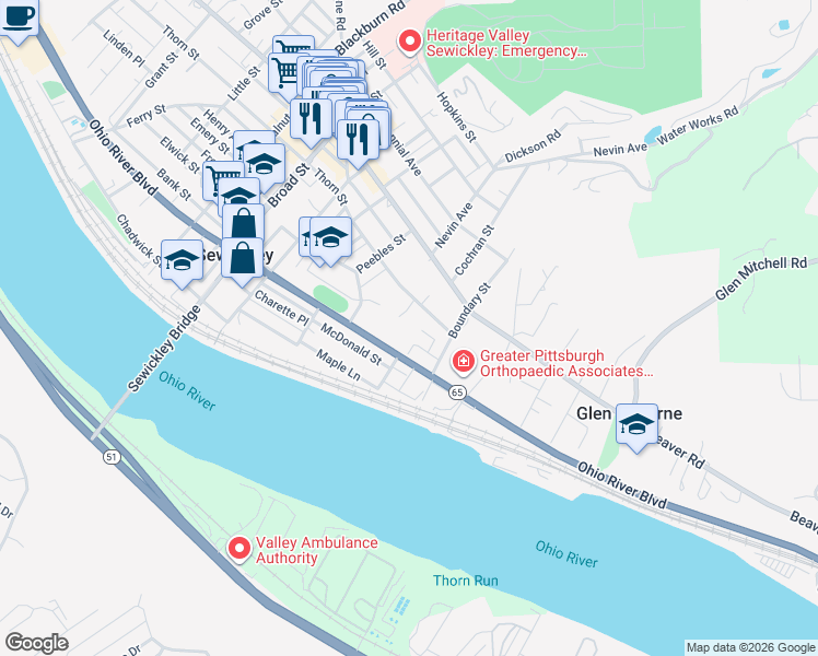 map of restaurants, bars, coffee shops, grocery stores, and more near 842 Thorn Street in Sewickley
