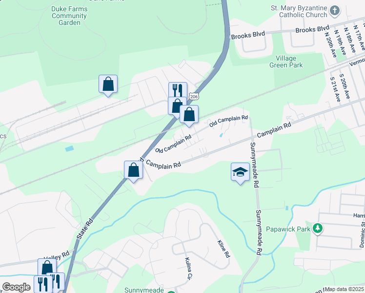 map of restaurants, bars, coffee shops, grocery stores, and more near 38 Old Camplain Road in Hillsborough Township