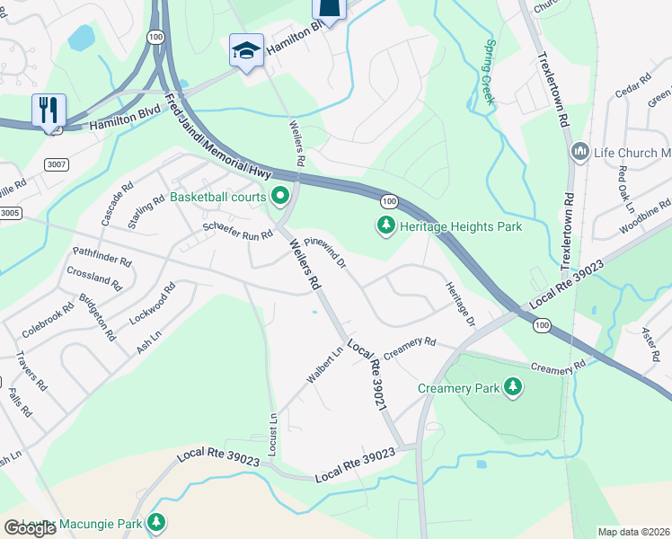 map of restaurants, bars, coffee shops, grocery stores, and more near 1580 Pinewind Drive in Alburtis