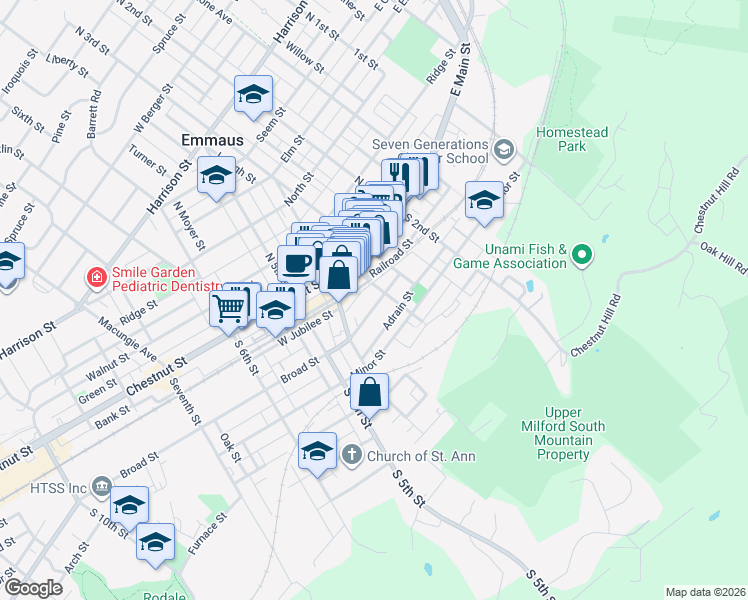 map of restaurants, bars, coffee shops, grocery stores, and more near 346 Golden Street in Emmaus