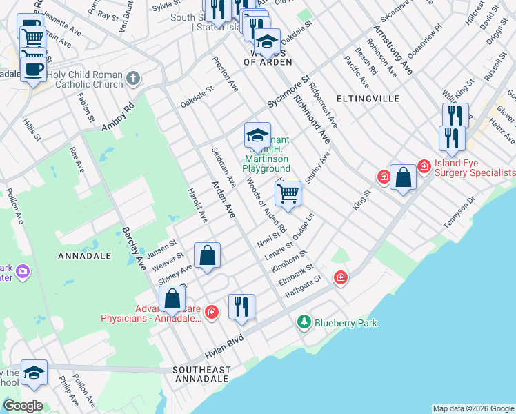 map of restaurants, bars, coffee shops, grocery stores, and more near 256 Woods of Arden Road in Staten Island