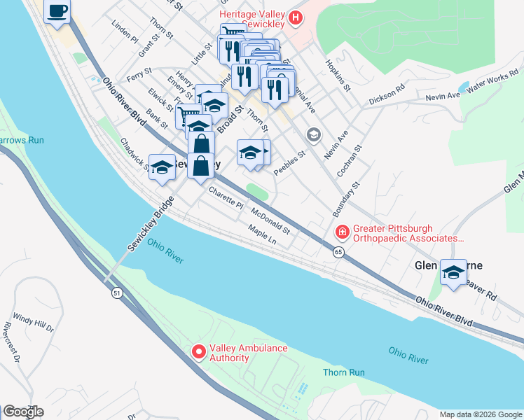 map of restaurants, bars, coffee shops, grocery stores, and more near 706 McDonald Street in Sewickley