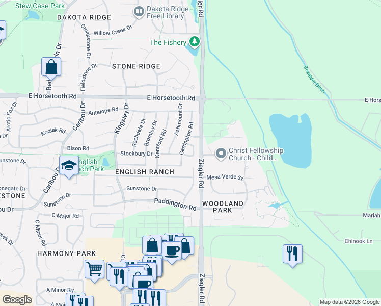 map of restaurants, bars, coffee shops, grocery stores, and more near 3761 Carrington Circle in Fort Collins