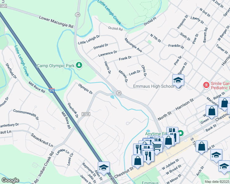 map of restaurants, bars, coffee shops, grocery stores, and more near 4001 State Route 2014 in Emmaus