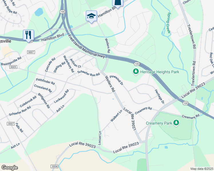 map of restaurants, bars, coffee shops, grocery stores, and more near 1590 Weilers Road in Alburtis