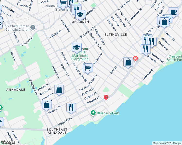 map of restaurants, bars, coffee shops, grocery stores, and more near 101 Hales Avenue in Staten Island
