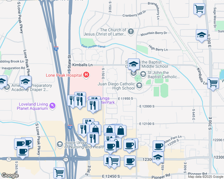 map of restaurants, bars, coffee shops, grocery stores, and more near 186 Kimballfield Lane in Draper