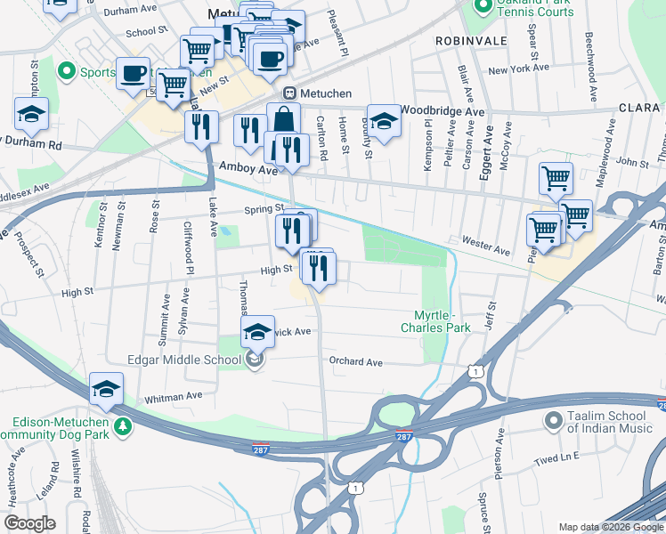 map of restaurants, bars, coffee shops, grocery stores, and more near 36 Lincoln Avenue in Metuchen