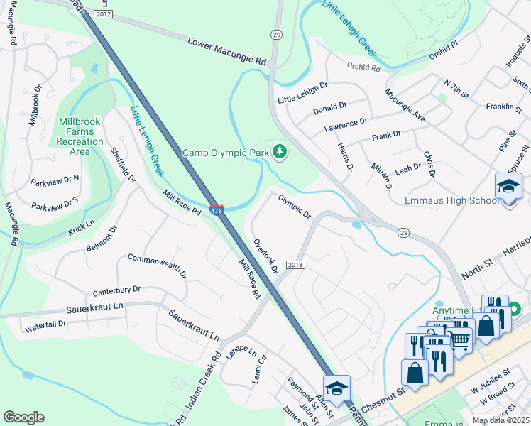 map of restaurants, bars, coffee shops, grocery stores, and more near 3213 Overlook Drive in Emmaus
