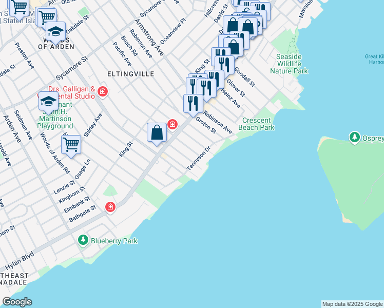 map of restaurants, bars, coffee shops, grocery stores, and more near 54 Winchester Ave in Staten Island