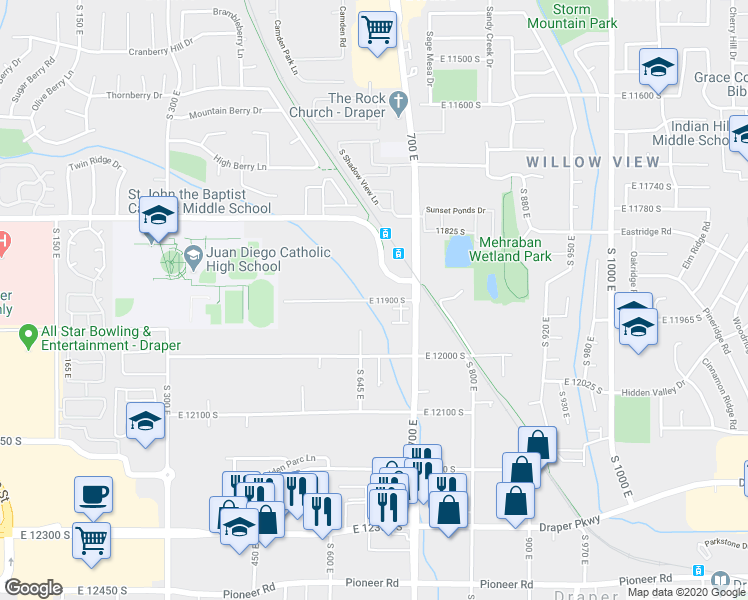 map of restaurants, bars, coffee shops, grocery stores, and more near 633 East 11900 South in Draper