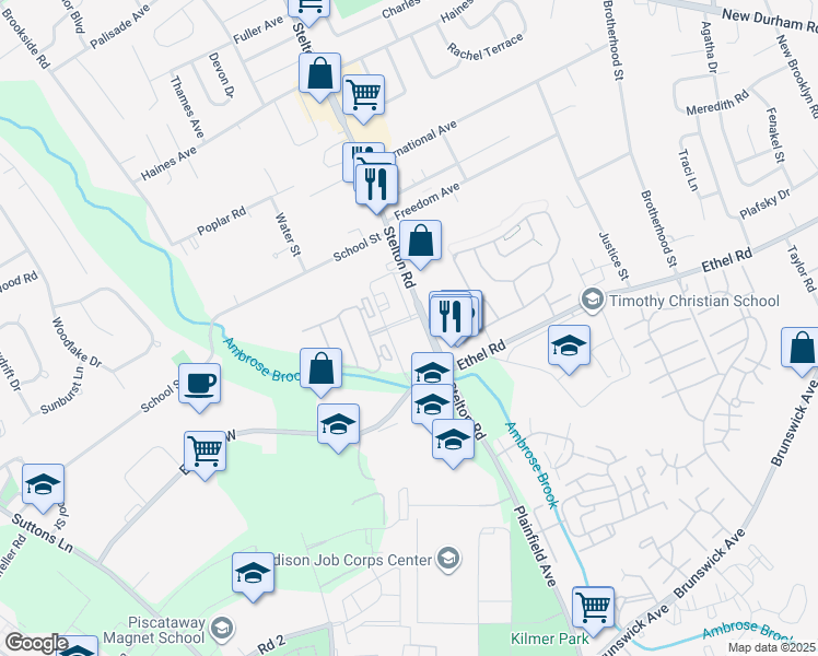 map of restaurants, bars, coffee shops, grocery stores, and more near 1636 Stelton Road in Piscataway