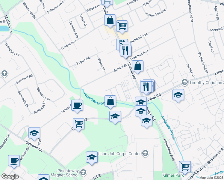 map of restaurants, bars, coffee shops, grocery stores, and more near 78 Andrews Way in Piscataway