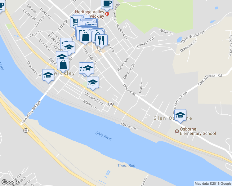 map of restaurants, bars, coffee shops, grocery stores, and more near 888 Thorn Street in Sewickley