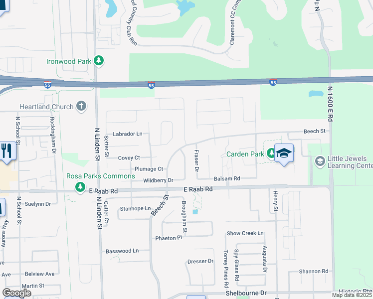 map of restaurants, bars, coffee shops, grocery stores, and more near 1728 Beech Street in Normal