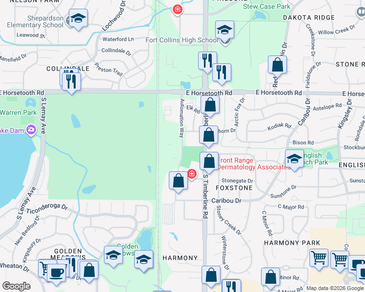 map of restaurants, bars, coffee shops, grocery stores, and more near 4023 Automation Way in Fort Collins
