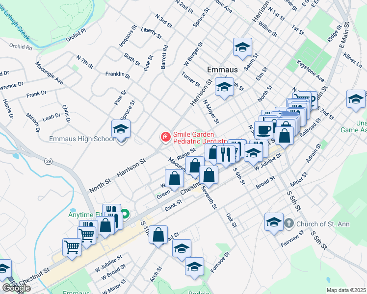 map of restaurants, bars, coffee shops, grocery stores, and more near 215 North 7th Street in Emmaus