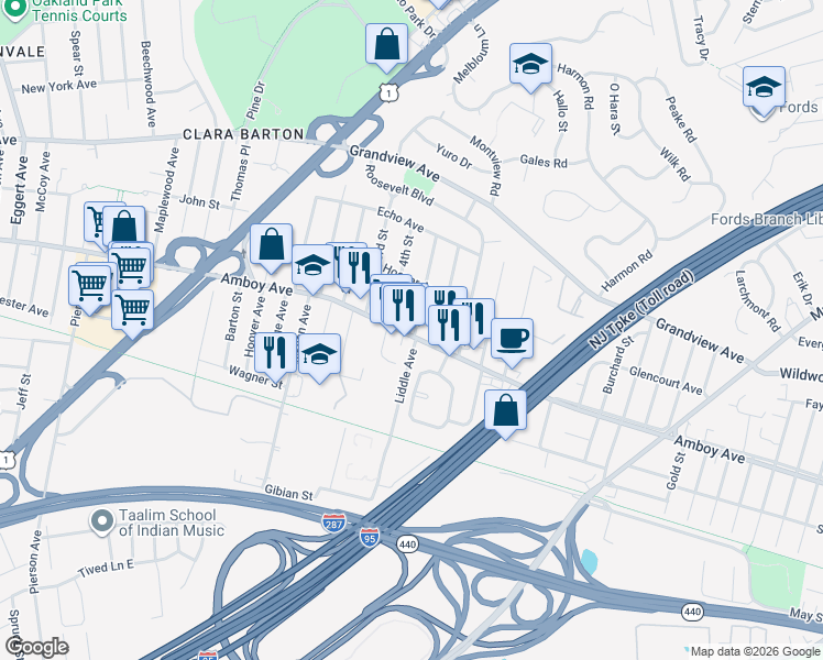 map of restaurants, bars, coffee shops, grocery stores, and more near 984 Amboy Avenue in Edison
