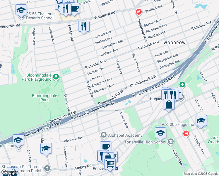 map of restaurants, bars, coffee shops, grocery stores, and more near 446 Darlington Avenue in Staten Island