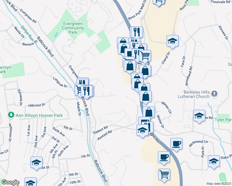 map of restaurants, bars, coffee shops, grocery stores, and more near 129 Idaway Dr in Pittsburgh