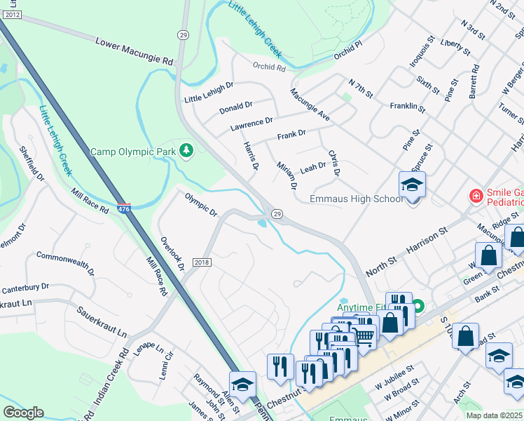 map of restaurants, bars, coffee shops, grocery stores, and more near 4001 State Route 2014 in Emmaus