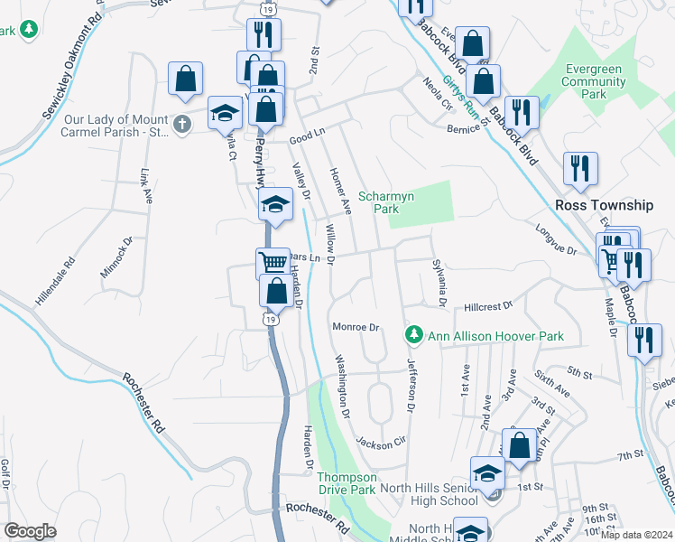 map of restaurants, bars, coffee shops, grocery stores, and more near 976 Willow Dr in Pittsburgh