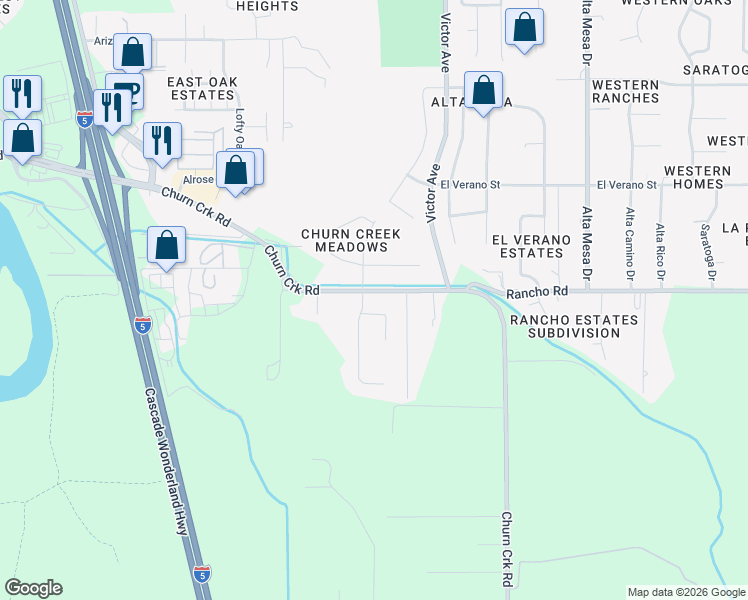 map of restaurants, bars, coffee shops, grocery stores, and more near 5038 Huntington Drive in Redding