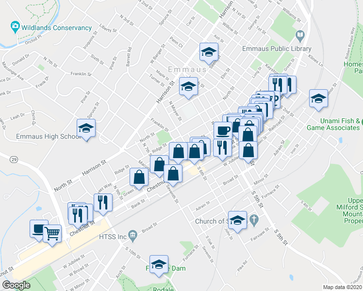 map of restaurants, bars, coffee shops, grocery stores, and more near 620 Ridge Street in Emmaus