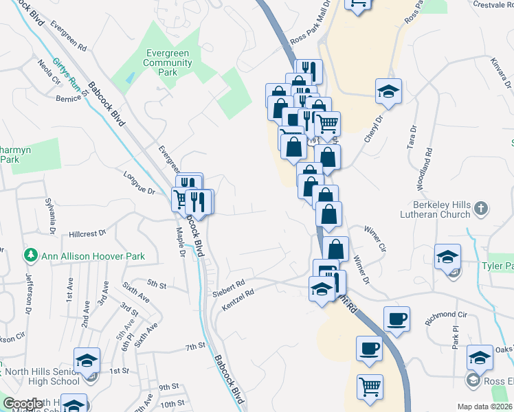 map of restaurants, bars, coffee shops, grocery stores, and more near 129 Idaway Drive in Pittsburgh
