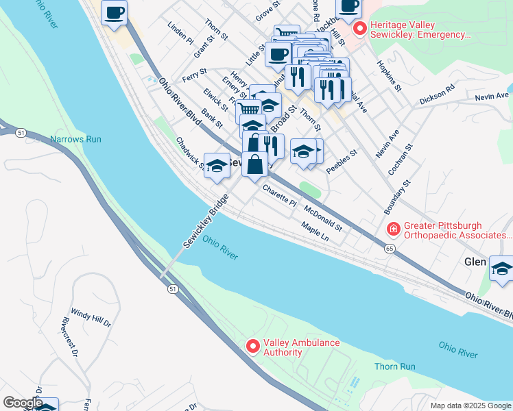 map of restaurants, bars, coffee shops, grocery stores, and more near 610 Maple Lane in Sewickley
