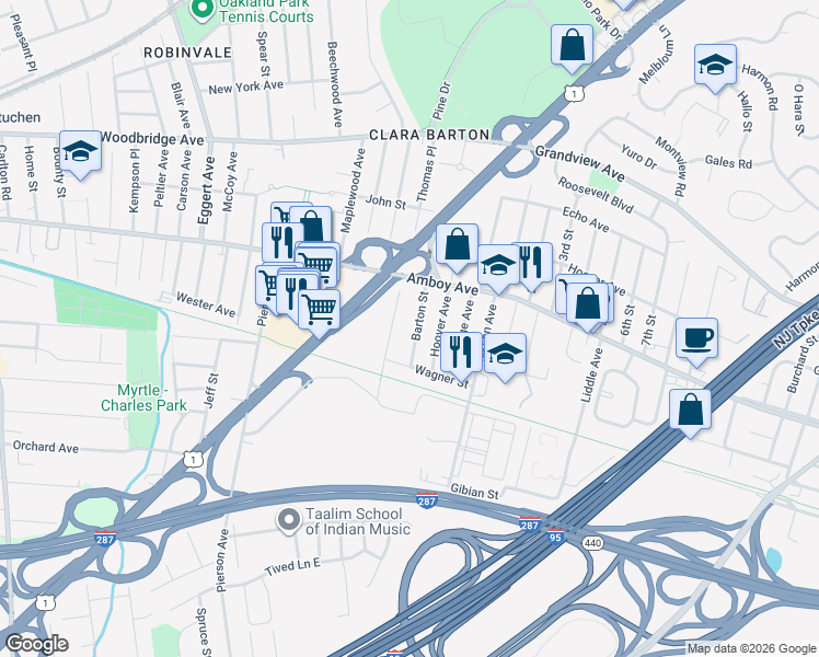 map of restaurants, bars, coffee shops, grocery stores, and more near 27 Barton Street in Edison
