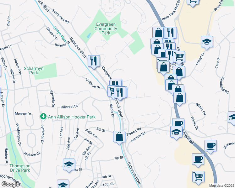 map of restaurants, bars, coffee shops, grocery stores, and more near 3336 Babcock Boulevard in Ross Township