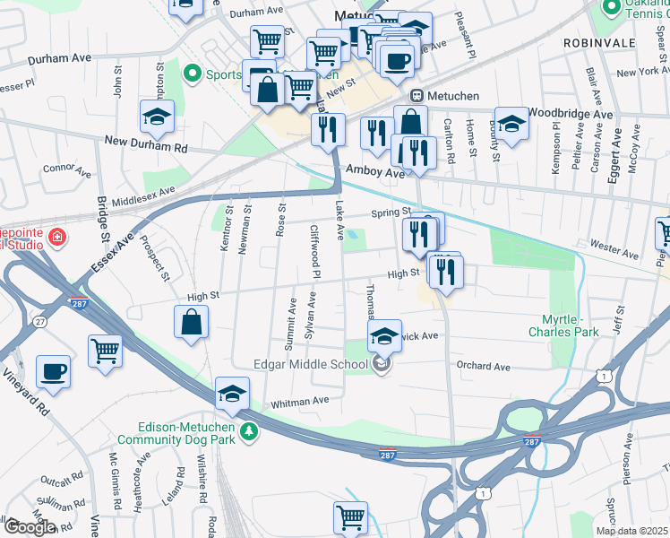 map of restaurants, bars, coffee shops, grocery stores, and more near 145 Lake Avenue in Metuchen