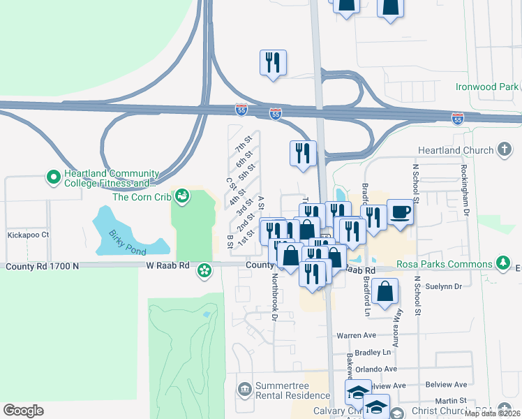 map of restaurants, bars, coffee shops, grocery stores, and more near 32 A Street in Normal
