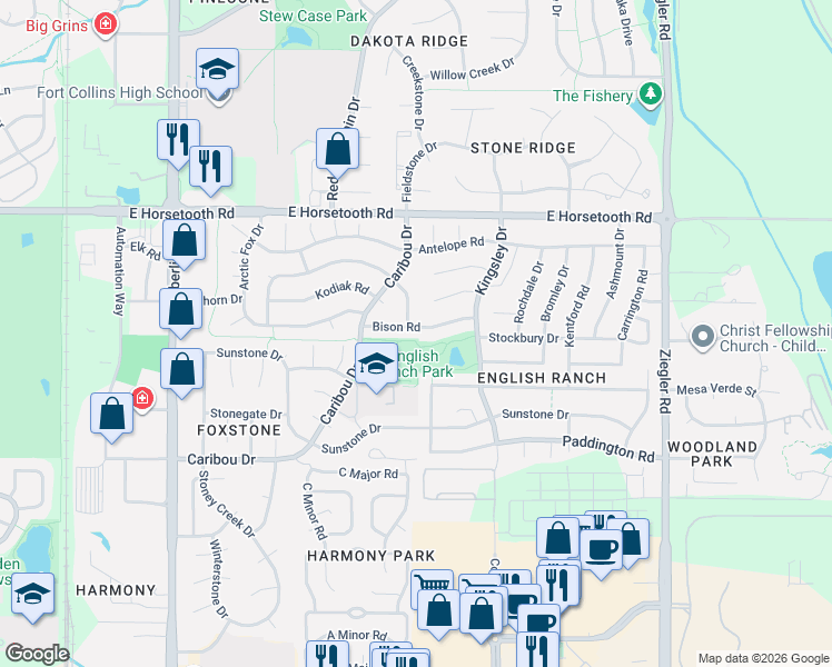 map of restaurants, bars, coffee shops, grocery stores, and more near 2601 Bison Road in Fort Collins
