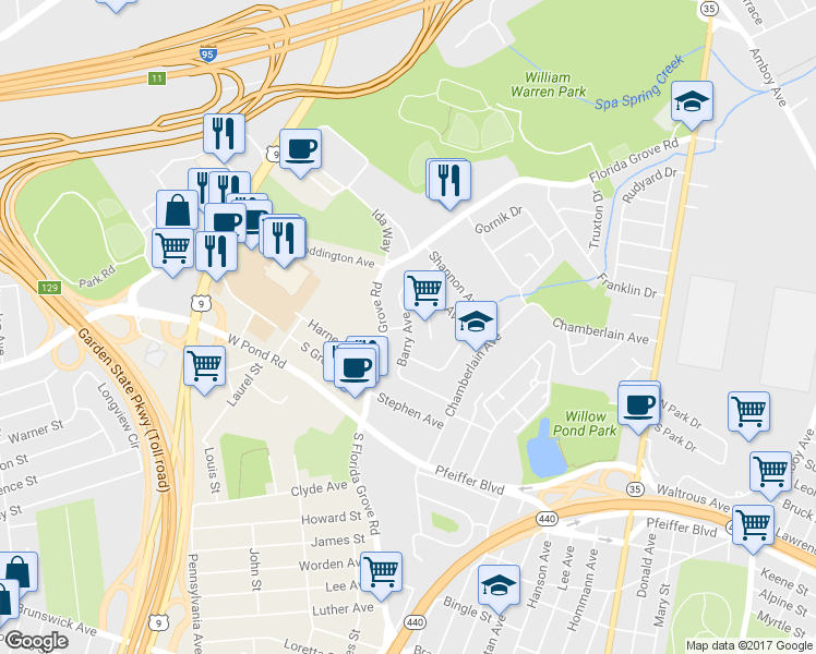 map of restaurants, bars, coffee shops, grocery stores, and more near 1 Edward Place in Perth Amboy