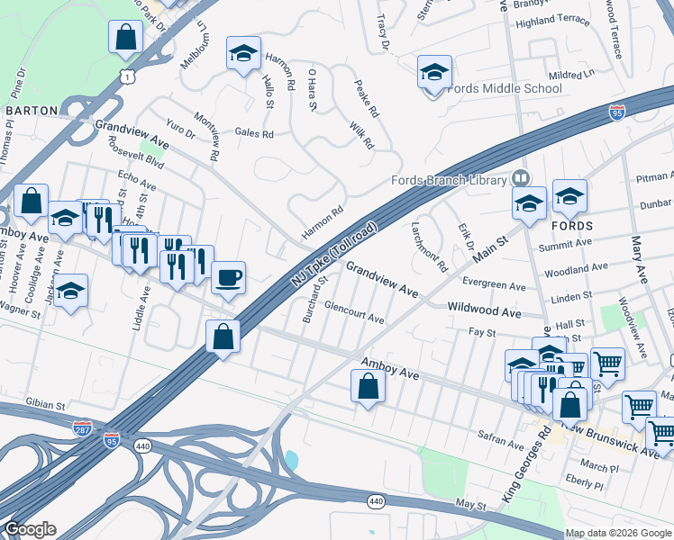 map of restaurants, bars, coffee shops, grocery stores, and more near 77 Carlton Street in Edison